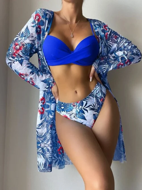 Bañador bikini push up con estampado tropical con kimono