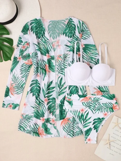 Conjunto de bikini con estampado tropical, sujetador push up, braguita de bikini hipster y traje de baño de 3 piezas tipo kimono