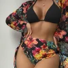 Conjunto de bikini con estampado tropical Top sujetador triángulo halter & Bottom de talle alto bikini & Kimono Traje de baño de 3 piezas