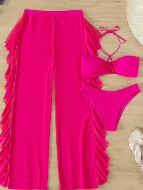 Conjunto bikini Vcay con top halter y pantalones cover up