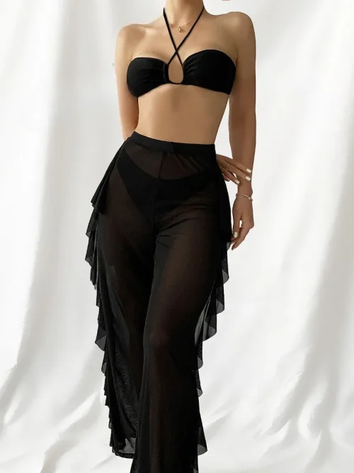 Conjunto bikini BAE de 3 piezas con top halter y pantalones cover up