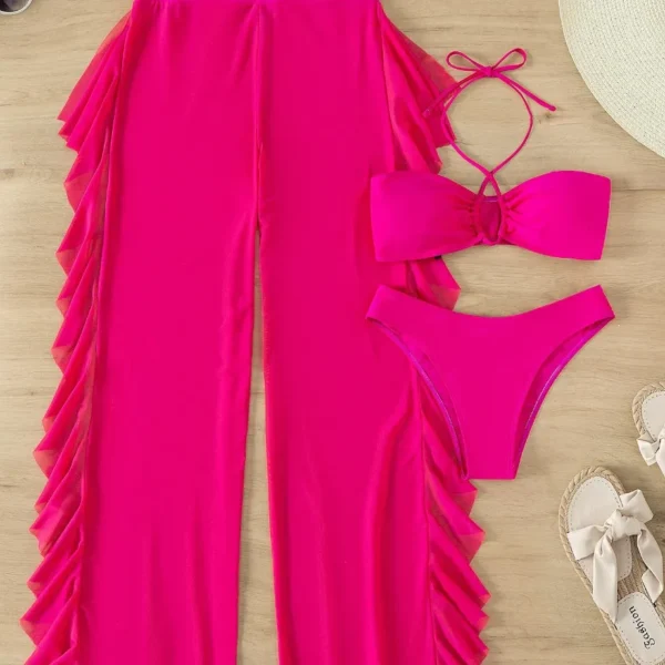 Conjunto bikini Vcay con top halter y pantalones cover up