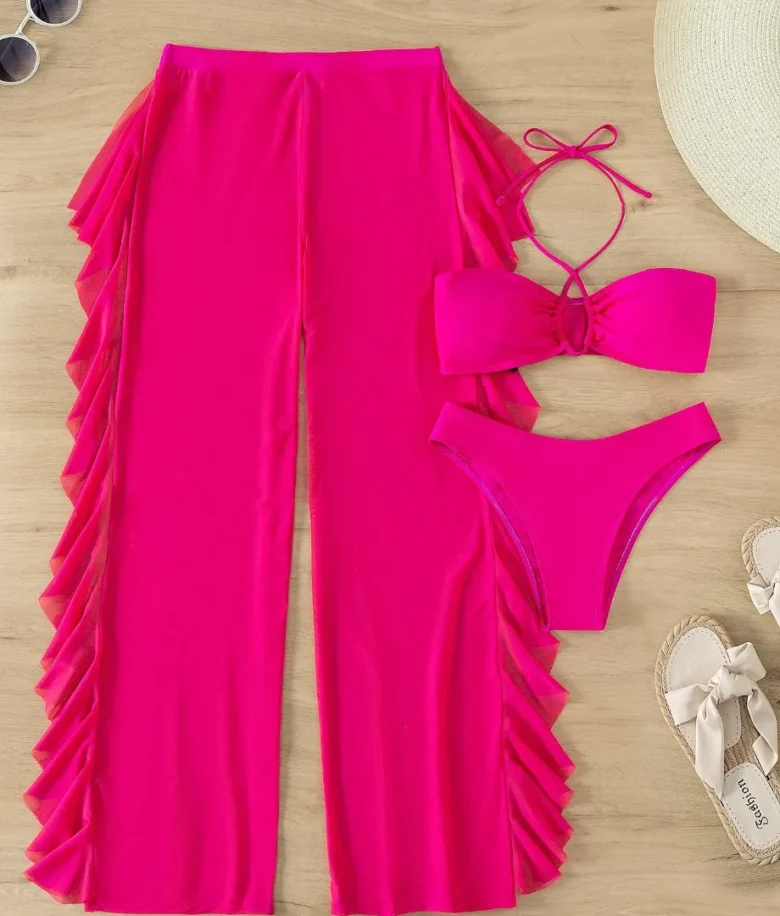 Conjunto bikini Vcay con top halter y pantalones cover up