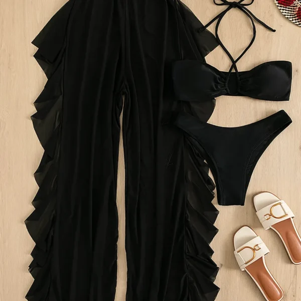 Conjunto bikini BAE de 3 piezas con top halter y pantalones cover up