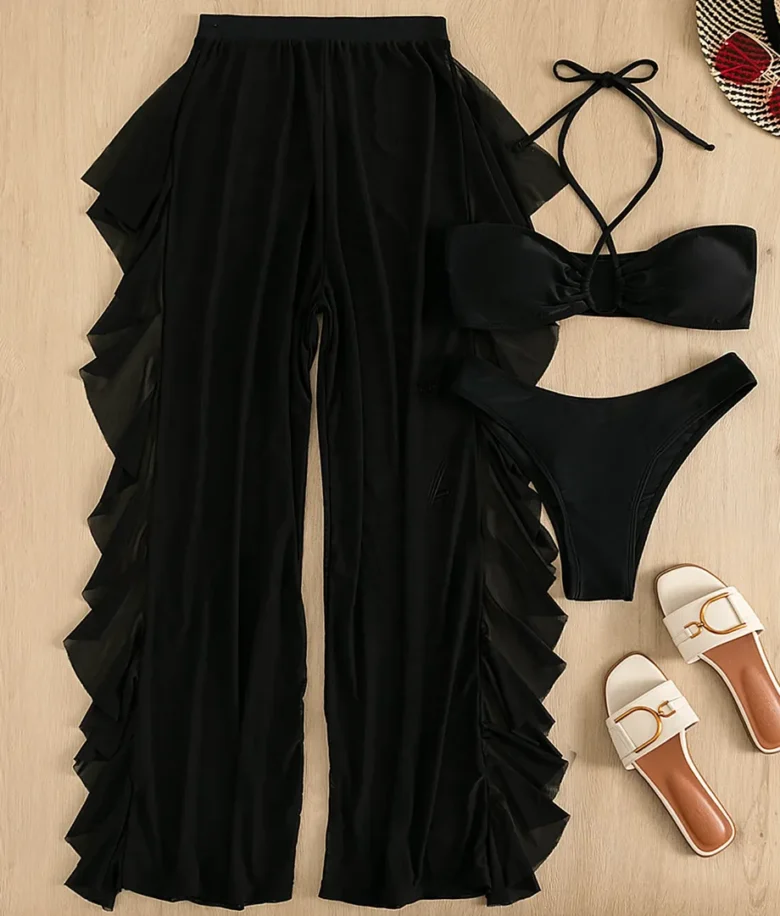 Conjunto bikini BAE de 3 piezas con top halter y pantalones cover up