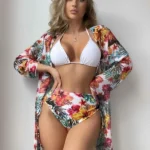 Conjunto de bikini con estampado tropical, cintura alta, traje de baño de 3 piezas estilo