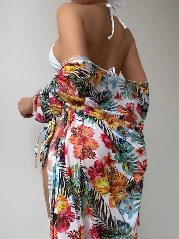 Conjunto de bikini con estampado tropical, cintura alta, traje de baño de 3 piezas estilo