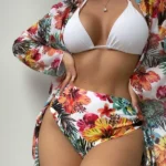 Conjunto de bikini con estampado tropical, cintura alta, traje de baño de 3 piezas estilo