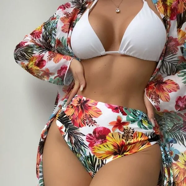 Conjunto de bikini con estampado tropical, cintura alta, traje de baño de 3 piezas estilo