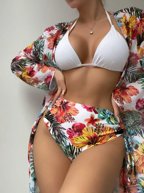 Conjunto de bikini con estampado tropical, cintura alta, traje de baño de 3 piezas estilo