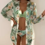 3 piezas Bañador bikini push up con estampado de planta & Kimono