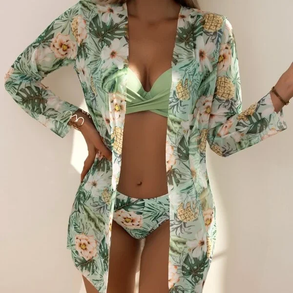 3 piezas Bañador bikini push up con estampado de planta & Kimono