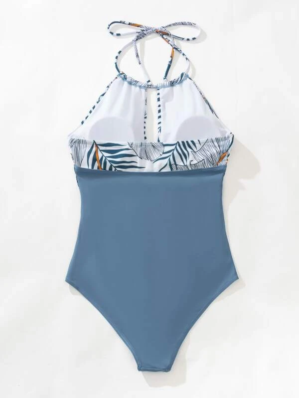 Bañador una pieza con estampado tropical fruncido halter