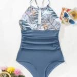 Bañador una pieza con estampado tropical fruncido halter