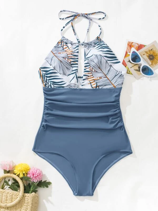 Bañador una pieza con estampado tropical fruncido halter
