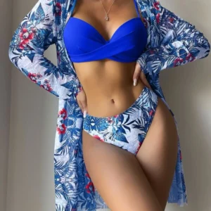 Bañador bikini push up con estampado tropical con kimono
