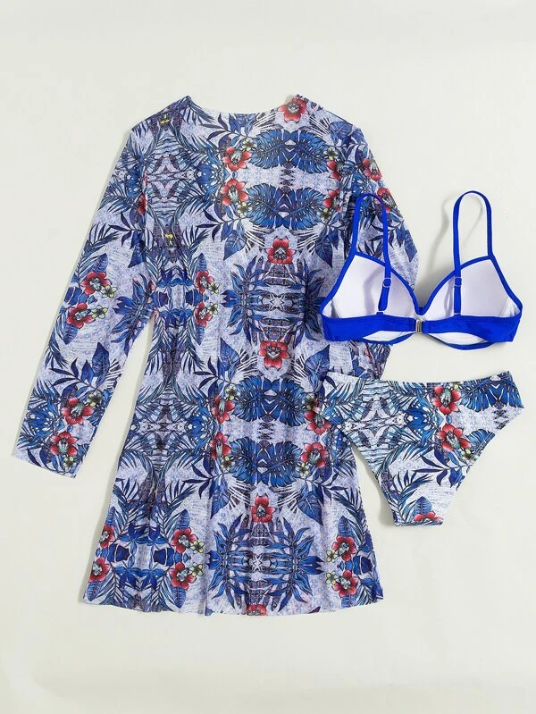 Bañador bikini push up con estampado tropical con kimono