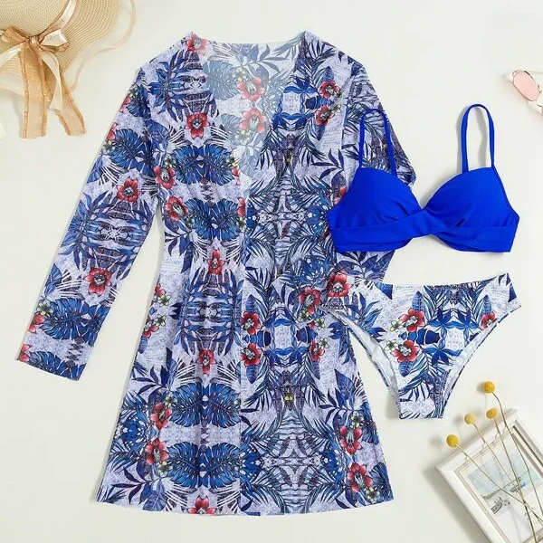 Bañador bikini push up con estampado tropical con kimono