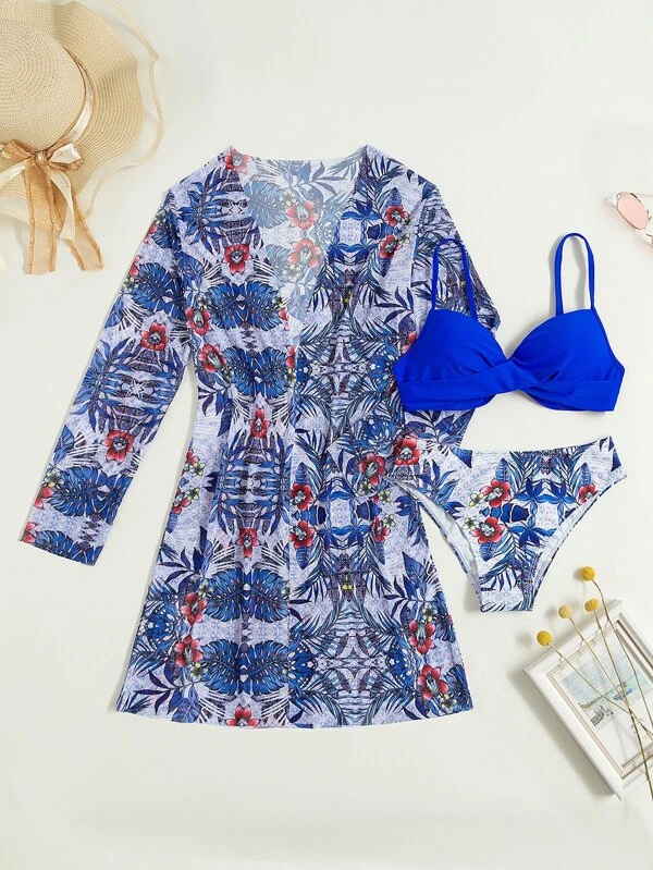 Bañador bikini push up con estampado tropical con kimono