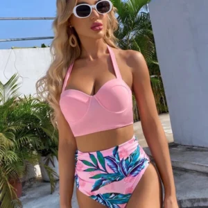 Bañador bikini de cintura alta fruncido tropical