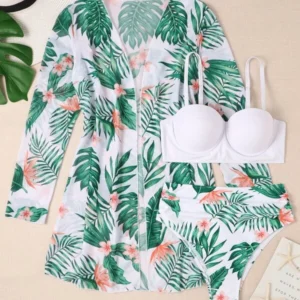 Conjunto de bikini con estampado tropical, sujetador push up, braguita de bikini hipster y traje de baño de 3 piezas tipo kimono