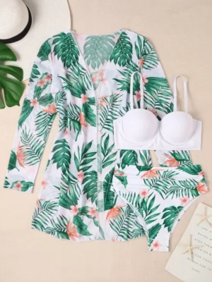 Conjunto de bikini con estampado tropical, sujetador push up, braguita de bikini hipster y traje de baño de 3 piezas tipo kimono
