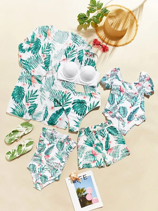 Conjunto de bikini con estampado tropical, sujetador push up, braguita de bikini hipster y traje de baño de 3 piezas tipo kimono