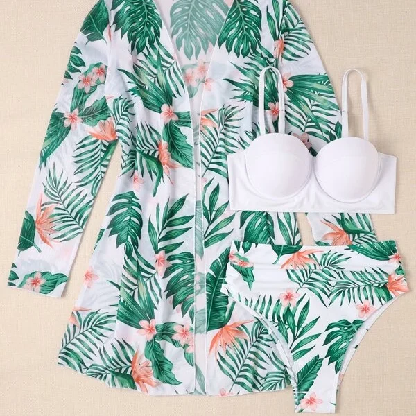Conjunto de bikini con estampado tropical, sujetador push up, braguita de bikini hipster y traje de baño de 3 piezas tipo kimono
