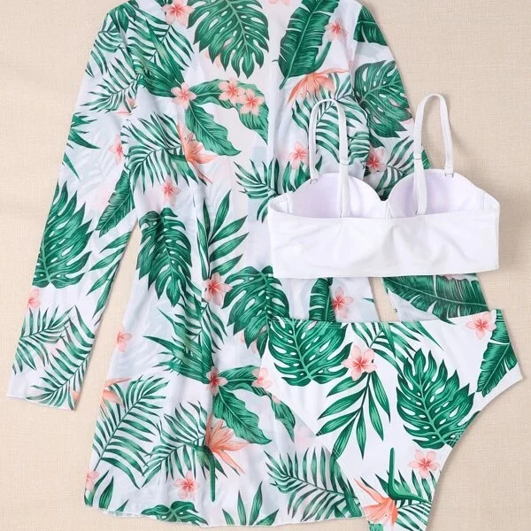 Conjunto de bikini con estampado tropical, sujetador push up, braguita de bikini hipster y traje de baño de 3 piezas tipo kimono