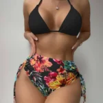 Conjunto de bikini con estampado tropical Top sujetador triángulo halter & Bottom de talle alto bikini & Kimono Traje de baño de 3 piezas