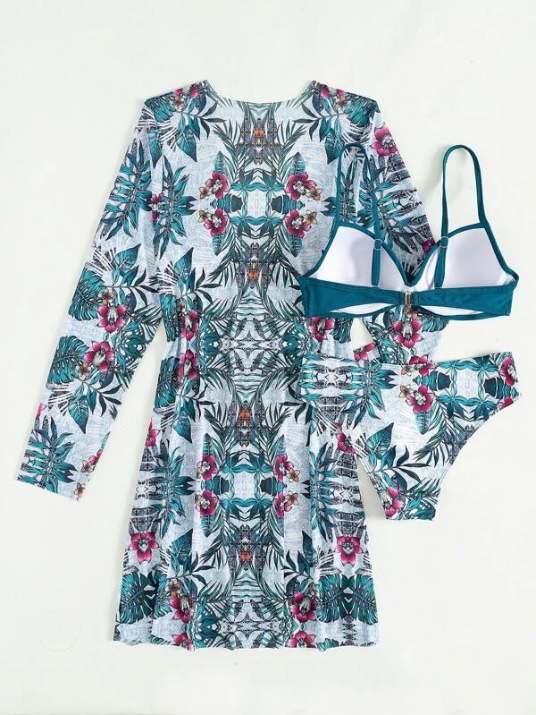 Traje de baño 3 piezas con estampado de planta