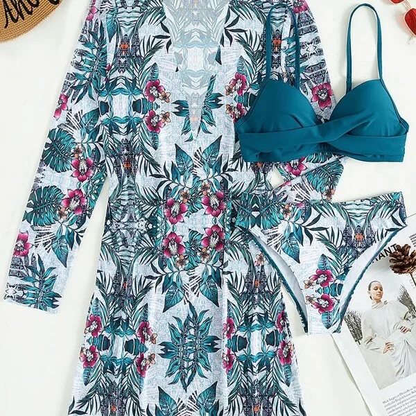 Traje de baño 3 piezas con estampado de planta