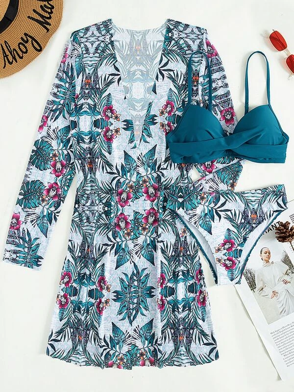 Traje de baño 3 piezas con estampado de planta