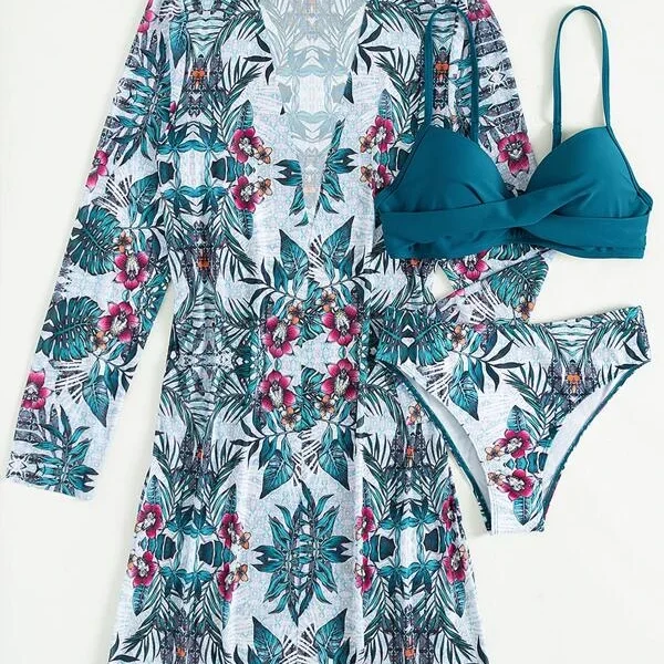 Traje de baño 3 piezas con estampado de planta