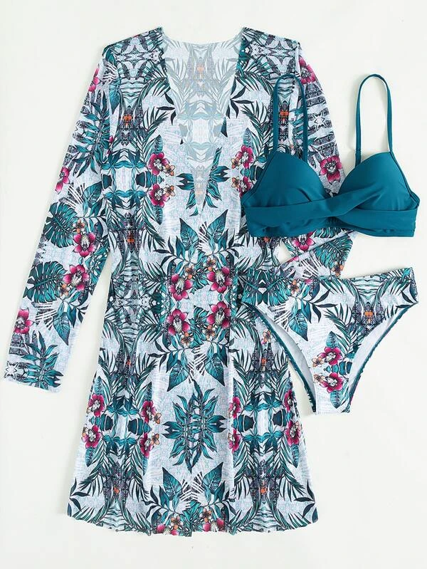 Traje de baño 3 piezas con estampado de planta