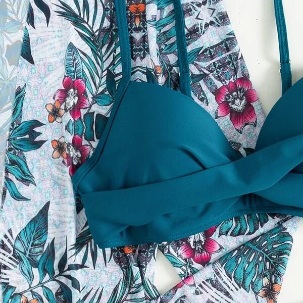 Traje de baño 3 piezas con estampado de planta