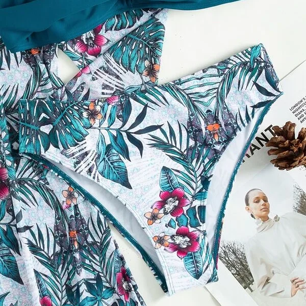 Traje de baño 3 piezas con estampado de planta