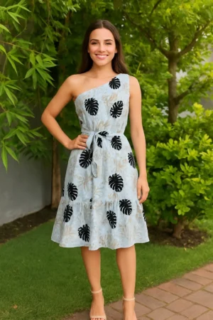 vestido midi con estampado de hojas